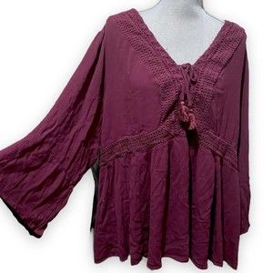 Torrid Women’s Blouse 5X Dark Purple Plum BOHO Flutter Sleeve Kimono Top Tassels